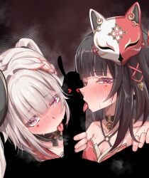 1boy 2girls absurdres black_hair blush breasts cleavage commentary_request cooperative_fellatio dress dual_persona fellatio fox_mask hibachaaa highres honkai:_star_rail honkai_(series) licking licking_penis long_hair looking_at_viewer mask mask_on_head multiple_girls oral paid_reward_available penis purple_eyes red_dress sparkle_(honkai:_star_rail) sparxie_(honkai:_star_rail) straight teamwork_(sexual) white_hair