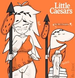 2026 big_cleopatra big_cleopatra_(dangitdanger) breasts cameltoe digital_media_(artwork) fast_food female little_caesar little_caesars male mr_esmox nipples orange_clothing orange_eyes orange_theme pizza pizza_box pussy simple_background spear text trend white_body white_hair