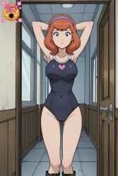 1female 2d ai_edit ai_generated armpits artist_logo bangs bare_arms bare_legs bare_skin bare_thighs bellybutton cameltoe closed_mouth clothed clothed_female clothing daphne_blake doorway eyelashes female female_human female_only footwear ginger ginger_female ginger_hair hair hairless hairless_armpits hands_behind_head hands_behind_own_head hanna-barbera headband heart_symbol highleg highleg_swimsuit human human_female hunnyhive hunnyhive(artist) hunnyhivestudio hunnyhivestudios indoors knees_together legs_together light-skin light-skinned light-skinned_female light_skin light_skinned light_skinned_female looking_at_viewer mouth_closed navel_visible_through_clothes one-piece_swimsuit orange_hair orange_hair_female purple_headband pussy_visible_through_clothes pussy_visible_through_swimsuit red_hair redhead_female redheaded_female revealing_swimsuit scooby-doo scooby-doo_(series) sfw solo solo_female standing straps swimsuit swimwear thigh_gap tight_swimsuit tight_swimwear tiled_floor vagina_visible_through_clothing