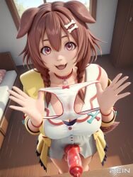 1girls 3d ai_generated animal_ears animal_penis bone_hair_ornament braid breasts brown_eyes brown_hair cleavage collar covered_nipples cum cum_in_clothes dog_ears dog_girl dog_penis dog_tail dress erection fangs from_above futanari hair_between_eyes hair_ornament hairclip holding holding_clothes holding_panties holding_underwear indoors inugami_korone inugami_korone_(1st_costume) jacket knotted_penis large_breasts long_hair looking_at_viewer open_mouth panties pein penis pov red_eyes smile solo stable_diffusion standing tail twin_braids underwear unworn_panties virtual_youtuber white_dress white_panties yellow_jacket