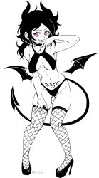 1girls ashley_graves black_hair breasts choker demon fangs female female_only fishnet_legwear fishnets high_heels horns looking_at_viewer pink_eyes ponytail pubic_tattoo sea-lean solo succubus tail tattoo the_coffin_of_andy_and_leyley wings