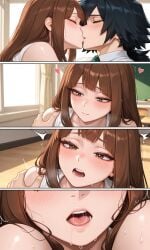ai_generated bangs brown_eyes brown_hair comic comic_page comic_panel comic_strip demon_slayer detailed_mouth dimly_lit giyu_tomioka kimetsu_no_yaiba kissing kissing_while_penetrating long_hair making_a_porno making_love making_out mizuki_hoshizora original_character pale_skin school school_uniform schoolgirl_uniform self_insert tomioka_giyuu