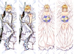 aestus_estus artoria_pendragon blonde_hair bodysuit bouquet breasts bride dakimakura dress fate/extra fate/extra_ccc fate/grand_order fate/stay_night fate_(series) flower garter_belt gown green_eyes highres kotetu_han lace lace-trimmed_thighhighs lily_(flower) nero_claudius_(bride) nipples panties panty_pull pussy sword thighhighs underwear veil weapon wedding_dress