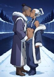 ai_generated avatar_the_last_airbender belly blue_eyes coat crop_top dark_skin female fingering fur_trim hair_ornament hand_in_pants kissing making_out male nickelodeon night night_sky open_jacket outdoors pleasured small_breasts sokka tan_body tan_skin white_hair winter winter_clothes yue