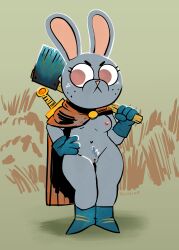 absurd_res anthro axe blush body_blush boots bottomless breasts cape clothed clothing eyebrows eyelashes female footwear frown fur genitals gloves grey_body grey_fur half_dime hand_on_hip handwear hi_res holding_object holding_weapon lagomorph leporid mammal melee_weapon mostly_nude mostly_nude_female navel nipples pink_eyes pink_nipples pink_nose pubes rabbit rabbit_ears root_(game) shoes solo spring_uprising_(root) standing sword vulva vulva_blush weapon