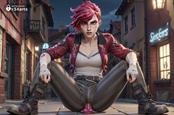 1girls ai_generated anal anal_insertion anal_masturbation anal_object_insertion arcane arcane_vi arm_tattoo artist_name bandages belt black_footwear boots breasts cleavage collarbone dildo dildo_in_ass dildo_insertion facial_tattoo female fingerless_gloves gloves hi_res jacket large_breasts league_of_legends lips looking_at_viewer medium_breasts neck_tattoo netflix night nose_piercing object_insertion open_clothes open_jacket outdoors pants piercing pink_hair r34arts red_hair red_jacket riot_games sex_toy shirt short_hair sitting solo spread_legs striped_clothes striped_pants tattoo undercut vi vi_(league_of_legends) watermark