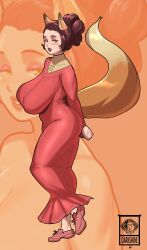 1girls 2026 2d_(artwork) absurd_res animal_ears asian_mythology ass big_breasts clothed color curvaceous curvy_figure dress east_asian_mythology female fox_ears fox_tail fully_clothed hair_bun hands_behind_back hi_res huge_breasts japanese_mythology kitsune light-skinned_female light_skin shini_alonzo shoes solo solo_female solo_focus tight_dress yellow_eyes yokai youkai