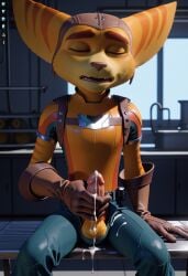 1boy ai_generated anthro brown_nose closed_eyes clothes cum ejaculation feline furry gay gay_male hydrai lombax_(ratchet_and_clank) male male_only masturbation orange_stripes orgasm_face ratchet_(ratchet_and_clank) ratchet_and_clank solo yellow_fur