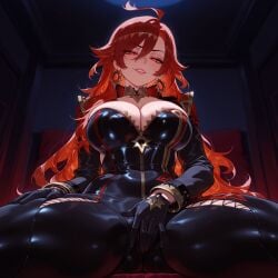 1girls ahoge ai_generated ass_visible_through_thighs balecxi bangs black_gloves blush bodysuit breasts cleavage clothing covering_privates curvaceous curvaceous_female curvaceous_figure curvy curvy_figure earrings female female_focus female_only from_below genshin_impact gloves grin hair_between_eyes half-closed_eyes indoors inviting inviting_to_sex jacket jewelry large_breasts latex lips long_hair long_sleeves looking_at_viewer looking_down mature_female mavuika_(genshin_impact) neck_ring pants parted_lips presenting presenting_ass presenting_breasts presenting_hindquarters presenting_pussy presenting_self red_eyes red_hair seductive seductive_look seductive_smile sitting skin_tight smile solo spread_legs thick_thighs thighs very_long_hair voluptuous voluptuous_female
