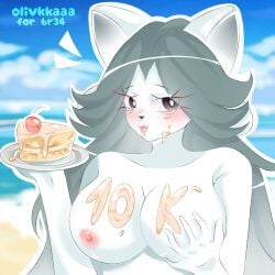 temmie_(undertale) undertale undertale_(series) 1girls female female_only olivkkaaa boobs hand_on_boob cake open_mouth blush big_breasts long_hair looking_at_viewer grey_hair