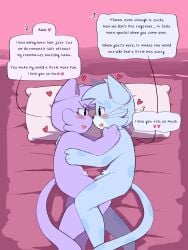 affectionate after_sex anthro bed blush boyfriend/girlfriend breasts crotch_tuft cuddling daww domestic_cat duo english_text felid feline felis female furniture happy heart_symbol hi_res i_love_you love lucy_(eggnaug) male mammal marshall_(eggnaug) nude nude_anthro on_bed pillow_talk romantic romantic_ambiance romantic_couple tasteful_nude tasteful_nudity text tuft wolfa_nsfw