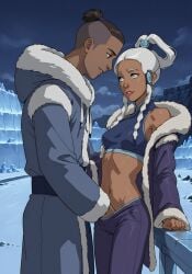ai_generated avatar_the_last_airbender belly blue_eyes coat crop_top dark_skin female fingering fingering_partner fur_trim hair_ornament hand_in_pants looking_at_partner male nickelodeon night open_jacket outdoors pleasure_face pleasured seductive_look small_breasts sokka tan_body tan_skin white_hair winter winter_clothes yue