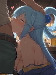 1boy 1girls ai_assisted ai_generated alcohol anime anime_girl anime_style aqua_(konosuba) artist_name bangs bare_shoulders belt blue_eyes blue_hair blush breasts cleavage clothes_pull cup deepthroat fellatio female green_pants hair_ornament hair_rings hand_on_another's_head heart heart-shaped_pupils hi_res highres irrumatio kono_subarashii_sekai_ni_shukufuku_wo! konosuba large_breasts long_hair mug oral pants pants_pull patreon patreon_username penis rinkoai solo_focus straight sweat symbol-shaped_pupils uncensored watermark