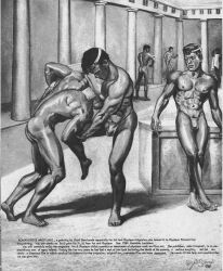 1960 6boys abs archived_source ass bulge dated english_text gay lloydsteel male male_only monochrome multiple_boys muscular nipples original roman text towel traditional_media wrestling yaoi