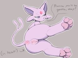 4:3 ass bodily_fluids cheek_tuft dialogue eeveelution espeon facial_tuft female feral forked_tail generation_2_pokemon genital_fluids genitals glowing glowing_eyes hi_res in_heat nintendo pawpads paws phoxtrot pokemon pokemon_(species) presenting presenting_hindquarters presenting_vulva raised_leg solo tail tuft unusual_anatomy unusual_tail vaginal_fluids vulva