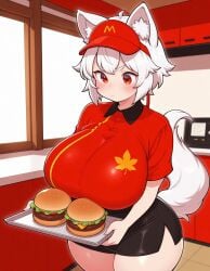 ai_generated burger fast_food fast_food_uniform female huge_breasts large_breasts momiji_inubashiri mushisaur red_eyes red_shirt skirt solo thick_thighs touhou visor_cap white_hair wide_hips wolf_eyes wolf_girl wolf_tail