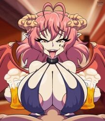 1boy 1girls alcohol animated areolae beer big_breasts blush bouncing_breasts breasts demon demon_girl female hair holding_beverage huge_breasts kyonyuu_fantasy light-skinned_female light_skin looping_animation male nipples paizuri penis pov puffy_nipples red_hair sex shadowthespirit shamsiel shamsiel_shahar smiling smiling_at_viewer straight succubus tight_clothing titjob tongue tongue_out voluptuous voluptuous_female