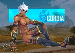 1girls 2025 2d 2d_(artwork) armored_shoes artist_signature black_lips blangonga_(armor) blue_eyes breasts cordia dark-skinned_female dark_skin dracotrueno earrings english_text eyebrows eyeliner female_only female_warrior grass hand_on_knee large_breasts leg_armor looking_at_viewer lounging monster_hunter monster_hunter_world muscle_girl muscular muscular_female nipples outdoor_nudity outdoors scar_on_breasts scar_on_stomach scars six_pack solo spiky_hair thick_thighs thighs warrior watermark white_hair wrist_armor wrist_cuffs