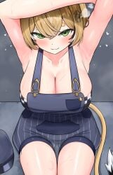 1girls :< :3 absurdres armpits big_breasts blonde_hair blue_overalls breasts canine checkered_clothes cleavage dooby dooby3d dooby_(1st_costume) dot_nose female green_eyes highres indie_virtual_youtuber massive_breasts nobarts overalls short_hair sitting solo striped_clothes sweat sweaty tail thick_eyebrows virtual_youtuber vtuber