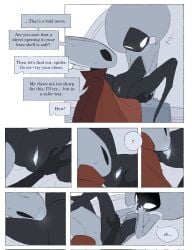 2025 anthro arthropod bedroom between_legs biped black_body black_eyes blush blush_lines bodily_fluids border bottomless bottomless_female bottomless_humanoid breath cloak clothed clothing comic covering covering_mouth cunnilingus detailed_background dialogue digital_drawing_(artwork) digital_media_(artwork) duo empty_eyes english_text exclamation_point eye_contact female female/female female_anthro female_humanoid genitals hi_res hollow_knight:_silksong hollow_knight_(franchise) hornet_(hollow_knight) humanoid humanoid_on_anthro inside justdog lace_(hollow_knight:_silksong) looking_at_another looking_at_partner lying mouthless on_back oral presenting presenting_vulva red_cloak red_clothing sex sitting speech_bubble spread_legs spreading sweat sweatdrop talking_to_another talking_to_partner team_cherry text tongue tongue_out vaginal_penetration vulva white_body white_border white_eyes white_vulva