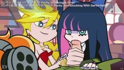 1boy 2girls accurate_art_style assisted_fellatio assisted_oral blonde_hair blowjob blue_eyes breasts_out briefers_rock clothed cum cum_in_mouth earrings forced_oral hair_ornament oral panty_&_stocking_with_garterbelt panty_anarchy penis pink_hair purple_hair pushing_down stocking_anarchy tagme two-tone_hair video zone