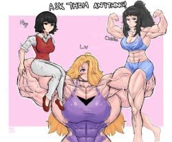 1girls big_female blonde_hair blushing christine fit_female flexing hyper_muscles lifting_person liv_(raranana) miyu_(raranana) muscular_female oc raranana serious_face size_difference smug strong_female swimsuit veiny_muscles