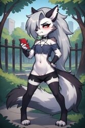 accidental_exposure ai_generated annoyed anthro bare_shoulders canine crop_top ear_piercing exposed_pussy eyeshadow female grey_body grey_eyes grey_hair hair_over_one_eye hand_on_hip hellhound helluva_boss holding_object long_hair loona_(helluva_boss) no_panties oblivious park phone pussy pussy_slip red_sclera shorts_down slit_pupils spiked_collar thighhighs
