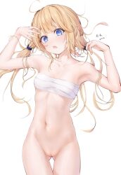 absurdres ass_visible_through_thighs blonde_hair blue_eyes breasts chest_sarashi chinese_commentary cleft_of_venus commentary cowboy_shot dated double-parted_bangs female hair_tie hands_up highres long_hair looking_at_viewer navel original pussy sarashi simple_background small_breasts solo standing stomach thigh_gap twintails uncensored variant_set white_background zhang_jiu
