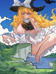 1girls areolae blonde_hair boobs_out breasts breasts_out cliff exposed_breasts female fsly123 giantess kirisame_marisa marisa_kirisame nipples obscured_genitals obscured_pussy peeing peeing_on_floor solo solo_female squatting squatting_female tits_out touhou urination urine urine_stream witch_hat yellow_eyes