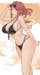adjusting_eyewear bikini blush core_crystal expressionless eyewear_on_head from_side large_breasts pyra pyra_(xenoblade) straw_hat sunglasses thick_thighs wide_hips xenoblade_(series) xenoblade_chronicles_2