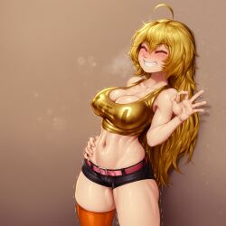 1girls ai_generated big_breasts blonde_hair blush breasts busty cleavage closed_eyes covered_nipples erect_nipples_under_clothes female female_only grin hand_on_own_hip happy highres large_breasts legs long_hair midriff navel ok_sign pose posing rwby smile solo sweat tank_top teeth thick_thighs thighs toned very_long_hair voluptuous yang_xiao_long