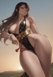 ai_generated alternate_hairstyle arm_behind_back artist_name bare_hips bare_shoulders black_dress bracelet braid breasts brown_eyes brown_hair china_dress chinese_clothes chun-li chun-li_(battle_ouffit_sfv) cleavage closed_mouth clothing collarbone dress female hair_down highleg jdl1101 jewelry large_breasts lips long_hair looking_at_viewer narrow_waist no_bra no_panties official_alternate_costume outdoors patreon_username pelvic_curtain plunging_neckline revealing_clothes side_braid sideboob sky sleeveless smile solo spiked_bracelet spikes street_fighter street_fighter_v sunset thick_thighs thigh_gap thighs toned twin_braids wide_hips