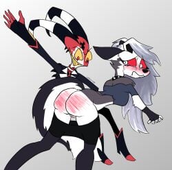 absurd_res anthro ass blitzo_(helluva_boss) bodily_fluids bottomwear bottomwear_down butt_slap calzcrom canid canid_demon canine choker clothed clothing corporal_punishment crying daughter_(lore) demon dominant dominant_male duo embarrassed father_(lore) father_and_child_(lore) father_and_daughter_(lore) female genitals hellaverse hellhound helluva_boss hi_res imp jewelry loona_(helluva_boss) male mammal mythological_canine mythological_creature mythology necklace on_lap pants pants_down parent_(lore) parent_and_child_(lore) parent_and_daughter_(lore) partially_clothed punishment reddened_butt shorts shorts_down slap spank_marks spank_marks_on_ass spanked_butt spanking tears vulva