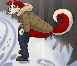 1girls anthro anthrofied balto_(film) balto_(series) blush bodily_fluids bottomwear bottomwear_down canid canine canis clothed clothing cold crouching dog dog_girl domestic_dog ears ears_down female forest furaffinity furry genital_fluids hi_res husky jenna_(balto) knottyknight looking_at_viewer mammal mature_female milf mother nordic_sled_dog outdoors outside pants pants_down partially_clothed peeing peeing_on_ground plant public_peeing raised_tail red_body red_fur siberian_husky snow solo spitz tail tree two-tone_body two-tone_fur two-tone_tail universal_studios urine urine_on_ground urine_stream white_fur