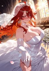 1boy 1girls ahoge ai_generated balecxi bangs bare_shoulders blush bouquet breasts bridal_veil bride choker church cleavage closed_mouth clothing collarbone curvaceous curvaceous_female curvaceous_figure curvy curvy_figure dress earrings elbow_gloves female female_focus flower genshin_impact glint gloves hair_between_eyes headdress headwear holding holding_bouquet holding_hands indoors jewelry large_breasts long_hair looking_at_viewer mature_female mavuika_(genshin_impact) ornate_ring out_of_frame petals pov_hands red_eyes red_hair ring skindentation smile solo_focus stained_glass stairs strapless strapless_dress tiara veil veins voluptuous voluptuous_female wedding wedding_dress wedding_ring white_choker white_dress white_flower white_gloves window