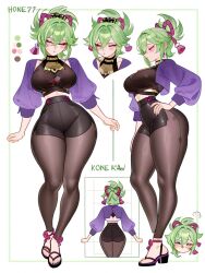 ai_generated from_front from_side genshin_impact green_hair high-waist_shorts hourglass_figure hoyoverse huge_thighs kuki_shinobu large_thighs long_legs makeup medium_breasts multiple_views reference_sheet sfw slombert thin_waist