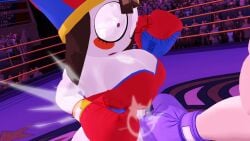 2girls 3d 3d_(artwork) arena big_breasts blockyobjectawesomer boxing boxing_gloves boxing_ring bra breasts brown_hair catfight cleavage devastating_blow female_focus female_only fight fighting fighting_ring glitch_productions gut_busted gut_punch height_difference jester jester_girl jester_hat kabalmystic_(style) large_breasts pomni_(the_amazing_digital_circus) punch punching punching_stomach purple_boxing_gloves purple_gloves ragatha_(the_amazing_digital_circus) red_boxing_gloves red_gloves ryona short_hair size_difference stomach_punch the_amazing_digital_circus wide_eyed