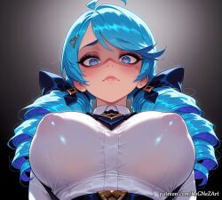 2026 ahoge ai_generated anime bangs black_bow blue_eyes blue_hair blush bow breasts cleavage closed_mouth collared_shirt covered_nipples crossover drill_hair earrings eye_contact female female_focus female_only flushed from_below gradient gradient_background grey_background gwen_(league_of_legends) hair_accessory hair_ornament hairbow hairclip heart heart-shaped_pupils highres huge_breasts jewelry large_breasts league_of_legends long_hair looking_at_viewer low_angle neutral_expression nsfw patreon riot_games rognezart shiny shiny_hair shiny_skin shirt solo symbol-shaped_pupils twin_drills twintails upper_body very_long_hair white_shirt