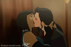 2girls animated asami_sato avatar_legends avatar_the_last_airbender black_hair blue_eyes blush brown_hair canon_couple clothing dark-skinned_female dark_skin drakyx female female_only green_eyes human interracial kissing korra multiple_females nickelodeon nonbender ponytail short_hair smooth_skin the_avatar the_legend_of_korra tied_hair water_tribe yuri