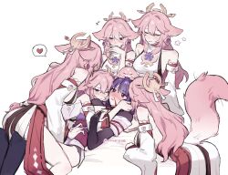 6+girls animal_ears animalization blood blush breasts bridal_gauntlets clone_harem closed_eyes earrings female floppy_ears fox_ears fox_girl fox_tail genshin_impact headpiece heart highres japanese_clothes jewelry kimono long_hair lying multiple_females multiple_girls nonons nosebleed obi obiage obijime one_eye_closed person_and_animalization pink_hair purple_eyes purple_hair purple_kimono raiden_shogun sash simple_background spoken_heart tail yae_miko yuri