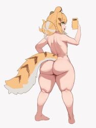 1girls animal_ears ass back_view big_ass blonde_hair eyebrows_visible_through_hair female female_only green_eyes gya_rb ju_fufu light-skinned_female light_skin naughty_face no_nostrils nude phone selfie shortstack small_nose smile solo tail thick_ass thick_thighs tied_hair tiger_ears tiger_girl tiger_tail zenless_zone_zero