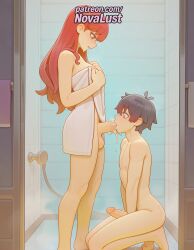 1boy 1futa 2025 ai_generated artist_name balls bathroom bathtub blowjob blowjob_face blush cock cum cum_in_mouth dick erection fellatio foreskin futa_on_male futanari hi_res high_quality high_resolution highres intersex kasumi_yoshizawa licking long_hair male novalust nude oral oral_sex orange_hair otoko_no_ko patreon patreon_username penis persona persona_5 shower_(place) stable_diffusion sucking testicles tile_floor tile_wall tiles towel uncensored uncircumcised watermark