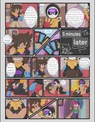 1boy 1girls ?! accidental_exhibitionism bean_smile blowjob blush brawl_stars brawler brown_hair chester_(brawl_stars) color comic dialogue english_text female female_pov heart heart-shaped_pupils lost_bet machine_translated male meeple_(brawl_stars) meet_and_fuck missionary_position mrs.boxxxy one_eye_closed original_character self_insert self_upload selfship shrunken_irises small_pupils spread_legs text translated uno_(game) walked_in_on
