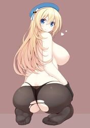 1girls ass atago_(kantai_collection) big_ass black_gloves blonde_hair blue_eyes blush breasts dat_ass female gloves hat heart huge_breasts kantai_collection kneeling long_hair looking_at_viewer looking_back nylon pantyhose partially_visible_vulva shiny sideboob simple_background smile solo thong topless torn_pantyhose yabitu040