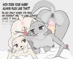 anthro anus bed big_breasts bodily_fluids breasts brown_eyes canid canine canis condom cuckquean cum cum_inside ear_pull english_text female female/female furniture genital_fluids genitals grey_anus grey_body grey_nipples group group_sex hi_res humanoid_genitalia humanoid_penis lagomorph leporid looking_at_another male male/female mammal multicolored_body nipple_piercing nipples penis piercing pink_anus pink_nipples pippus presenting rabbit rear_view sex sexual_barrier_device simple_background small_breasts tan_body text trio wolf