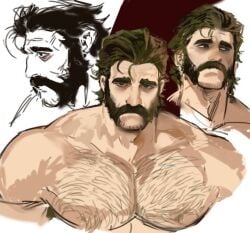 bara beard big_breasts big_chest breasts brown_hair brunette chest_hair daddy depressed dilf dispatch_(game) dopq gloom_(expression) hairy hairy_armpits hairy_chest hairy_male looking_at_viewer looking_down male male_only muscular muscular_male phenomaman sad spitting submissive submissive_male yaoi