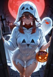 1girls ai_generated big_breasts breasts brown_hair costume female genshin_impact ghost ghost_costume ghost_girl hair halloween halloween_costume halloween_decoration halloween_pumpkin halloween_theme hu_tao_(genshin_impact) light-skinned_female light_skin long_hair moon night pumpkin red_moon solo solo_female