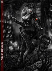 black_and_white blonde_hair blue_eyes breasts female gun iron_cross knife large_breasts latex metroid nazi nintendo riding_crop samus_aran shadman weapon