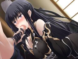 belt black_hair blush breasts censored cum cum_in_mouth cum_on_breasts cum_on_upper_body dress elbow_gloves fellatio female game_cg hairjob highres kawagishi_keitarou large_breasts long_hair looking_up maji_de_watashi_ni_koi_shinasai! oral penis pink_eyes rinchuu_(majikoi) sitting standing sweat