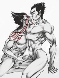 2boys arm_around_back curved_penis darius_(league_of_legends) draven erection gay hand_on_shoulder holding_penis human inviting_to_sex league_of_legends long_hair looking_at_partner male male_only monochrome moustache mouth_open multiple_boys multiple_males muscular naughty_face nude pec penis pointy_teeth small_balls spiky_hair tattoos yaoi